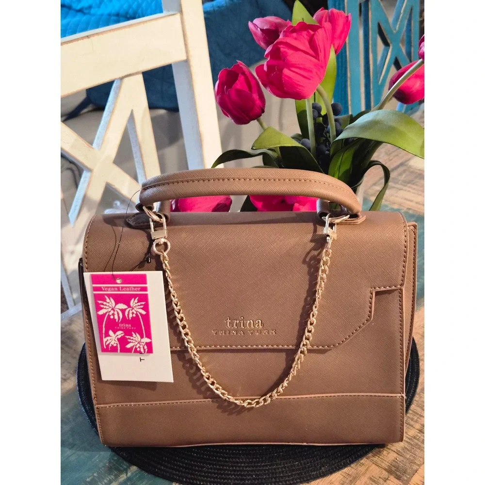 Trina Turk Khaki Vegan Leather Top Handle‎ Satchel Detachable Strap TTT-2008 NEW